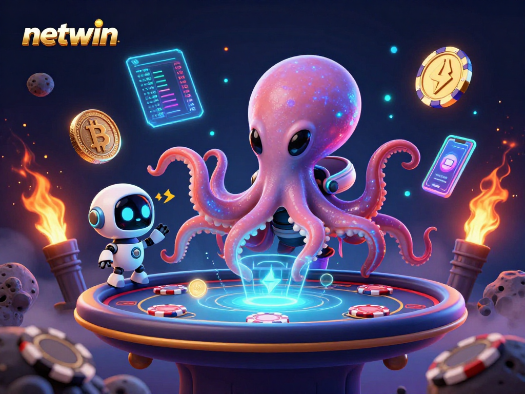Engage with netwin’s vibrant holographic poker experience featuring an octopus and robot amidst crypto elements.