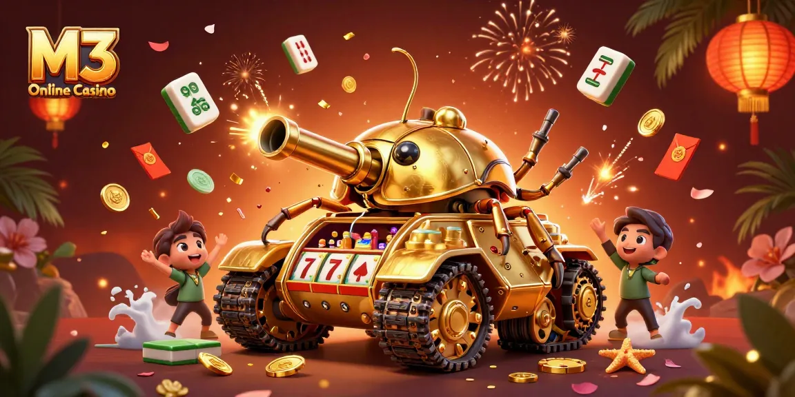 Experience the excitement of M3 Online Casino with a vibrant 3D casino illustration featuring slots, confetti, and lucky symbols.