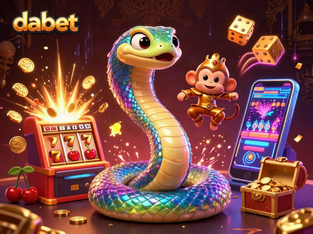 Experience thrilling wins at dabet with a vibrant 3D casino scene showcasing an iridescent serpent and dynamic slot action.