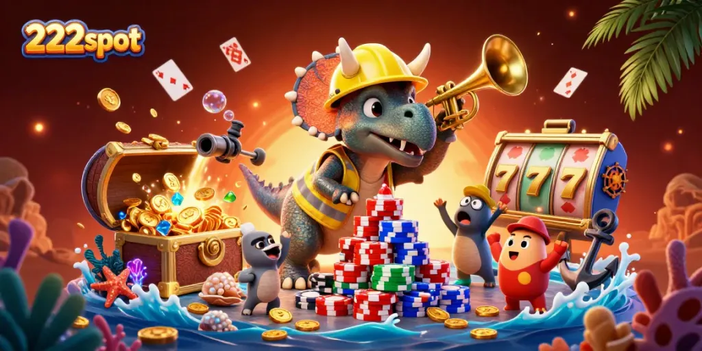 Membangun tumpukan chip poker dengan triceratops, merayakan kehadiran 222slot dalam suasana kasino yang ceria.