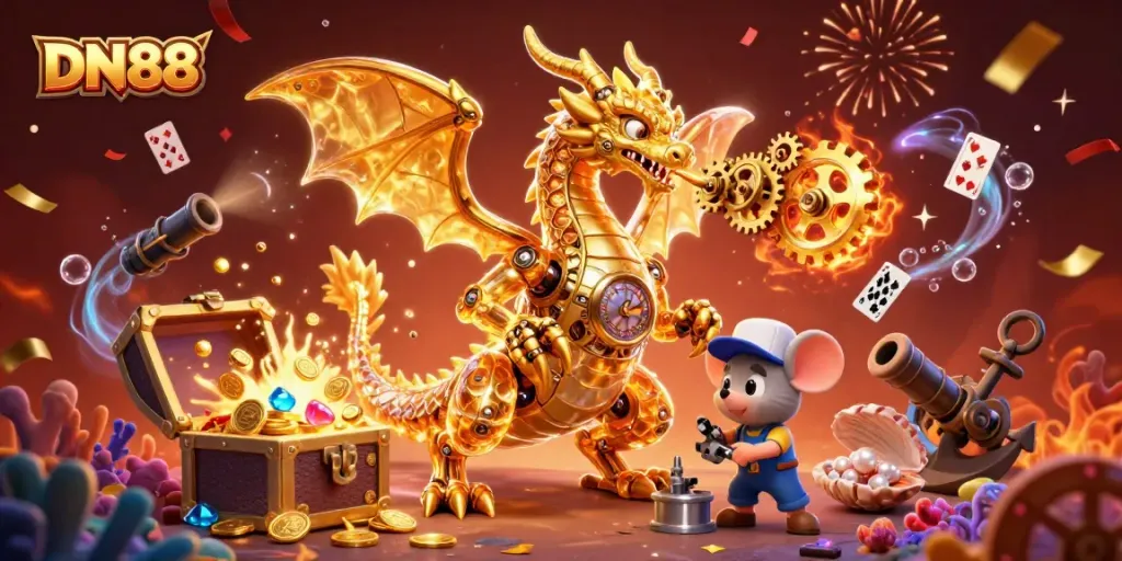 Experience thrilling gaming action with DN88 as a golden dragon breathes gears amidst treasures.