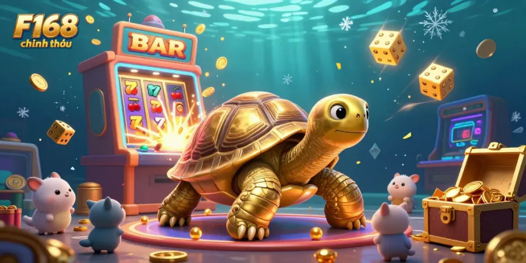 Experience the thrill of gambling at F168 chính thức with a dynamic scene of a colossal tortoise and slot machine winning coins.