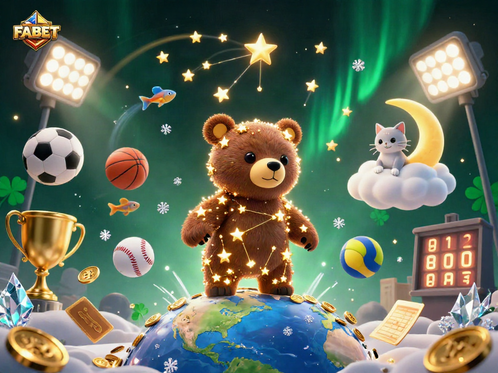 Join the excitement with FABET as golden stars and sports elements create a vibrant casino scene.