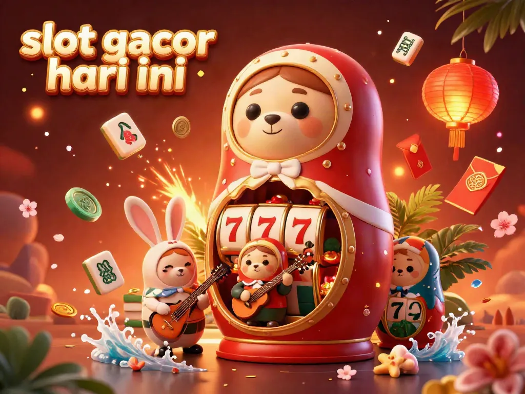 Mengulas permainan "slot gacor hari ini" dengan beruang Matryoshka 3D dan simbol kasino menonjol dalam ilustrasi menarik.