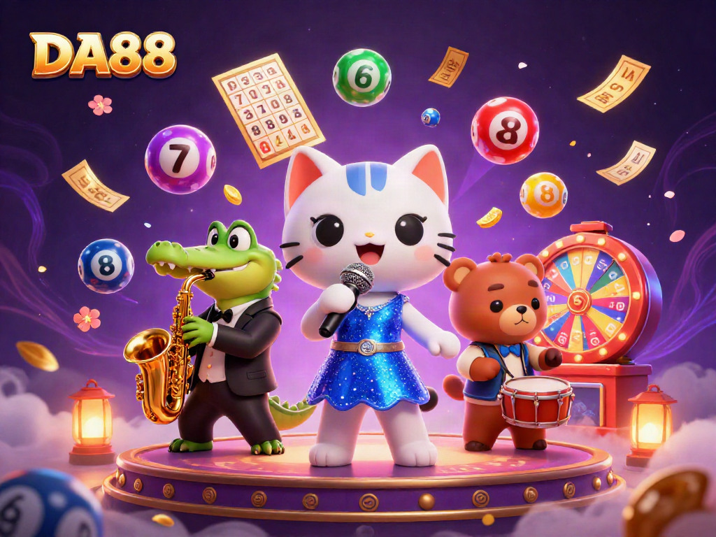 Celebrate wins at DA88 with a lively casino scene featuring a jazzy cat and friends.