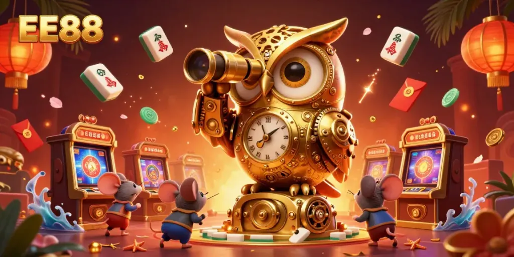 EE88 features an impressive clockwork owl overseeing a bustling casino scene with vibrant game elements.