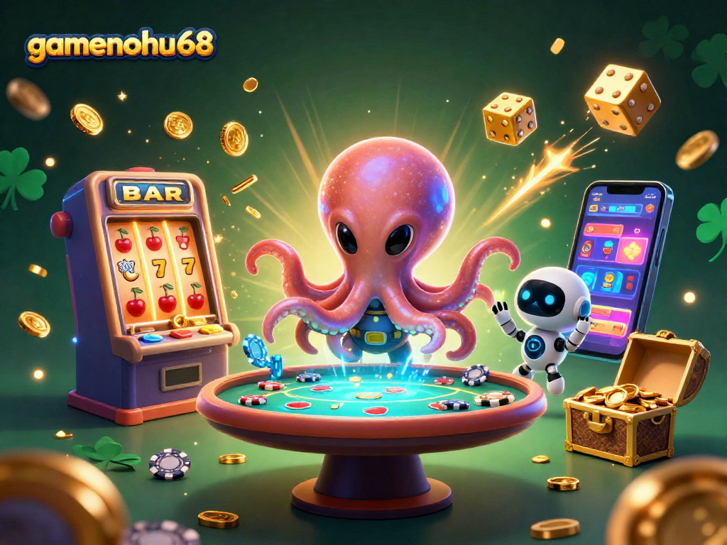 Experience thrill with gamenohu68's cosmic poker setup featuring a vibrant octopus and jackpot elements.