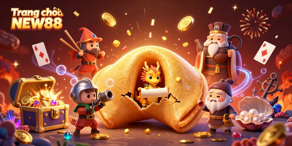 Engage with Trang chủ NEW88's magical world of gaming, featuring a golden fortune cookie scene bursting with treasure.