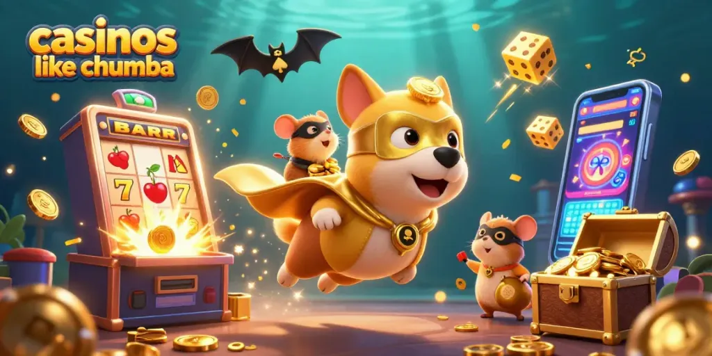 Experience fun at casinos like Chumba with superhero characters amidst dynamic casino symbols and excitement.