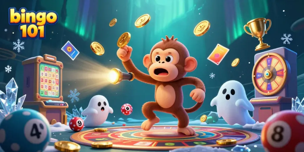 Engaging scene of bingo 101 with a playful poltergeist monkey and ghost-hunter puppy amidst flying bingo cards and elements, capturing the excitement of the game.