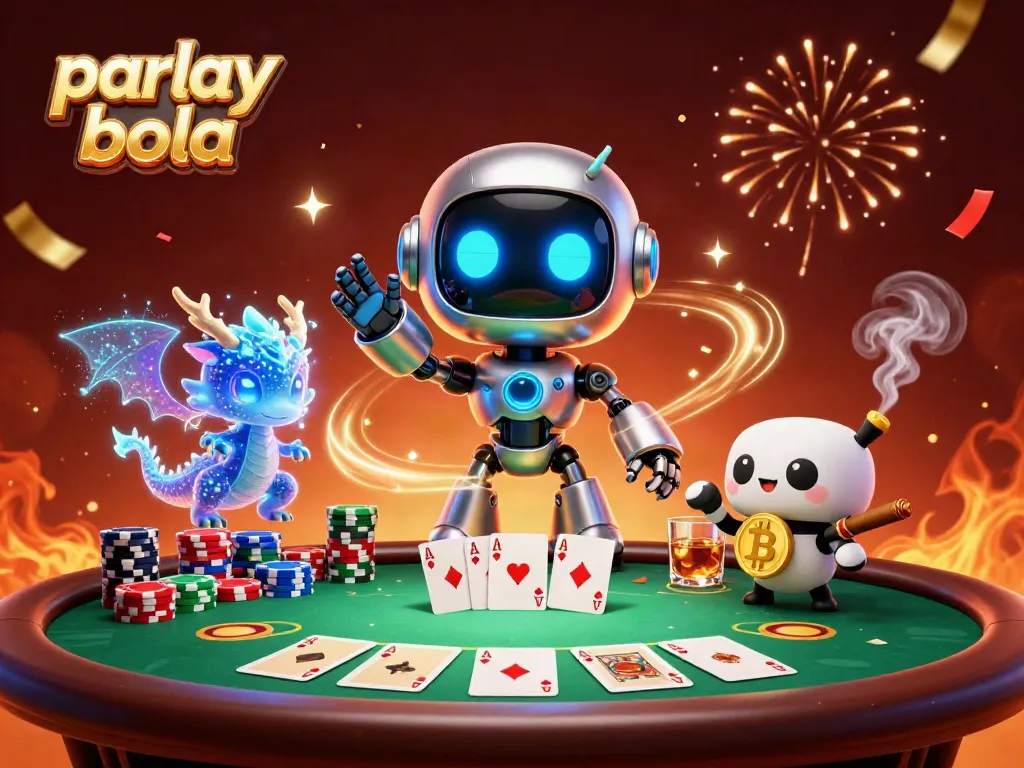 Experience parlay bola action in a vibrant 3D illustration with cyberpunk elements and poker excitement.