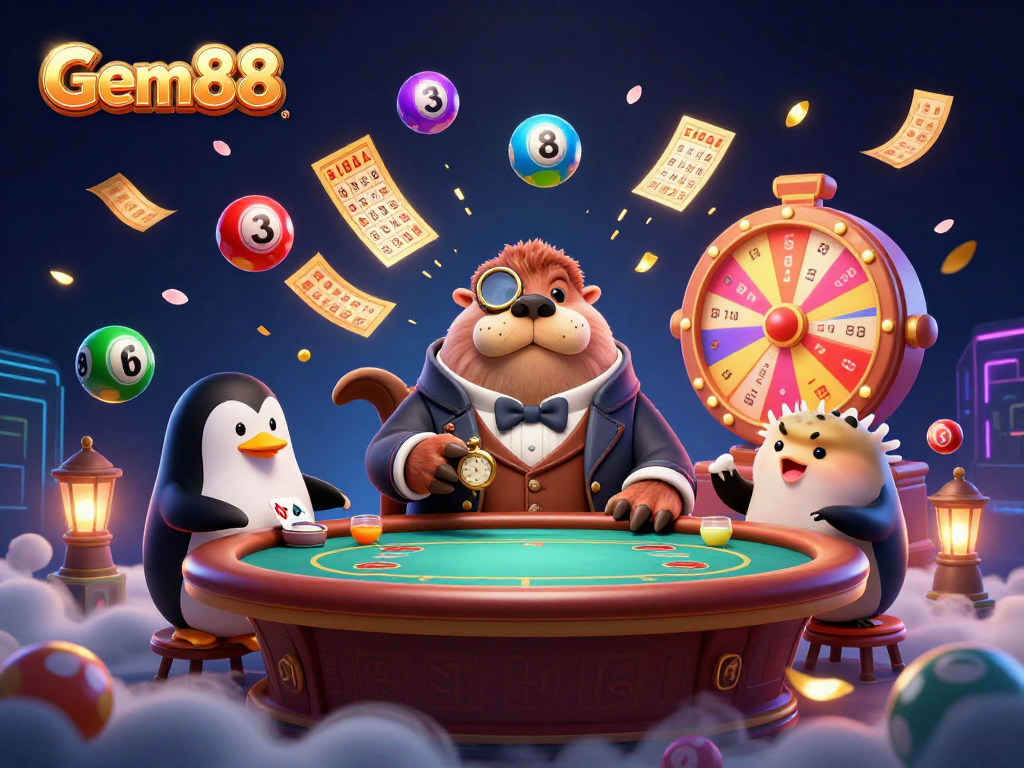 Gem88 promotes thrilling lottery excitement with vivid characters in a dynamic casino scene.