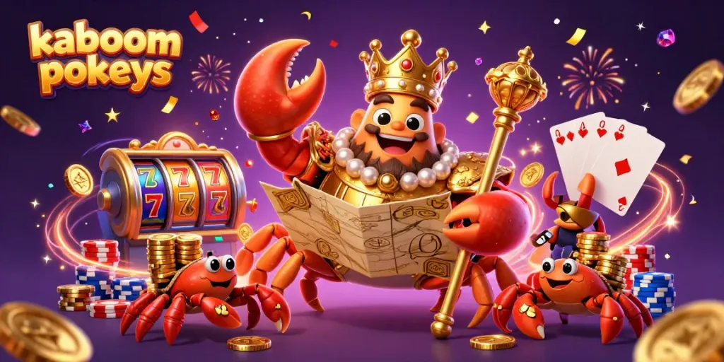 Experience kaboom pokies with a vibrant 3D casino scene featuring a golden crab emperor and lively game elements.