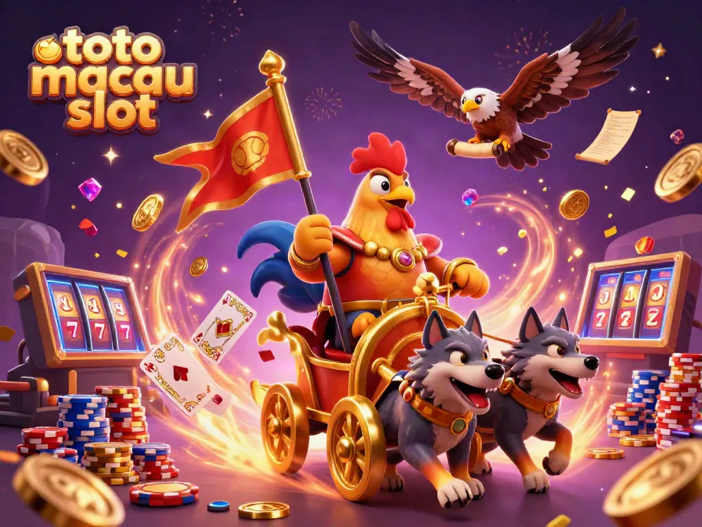 Menggandeng keberuntungan di toto macau slot, ayam jantan perang 3D menunggangi kereta perang emas dikelilingi koin emas dan kartu bermain.