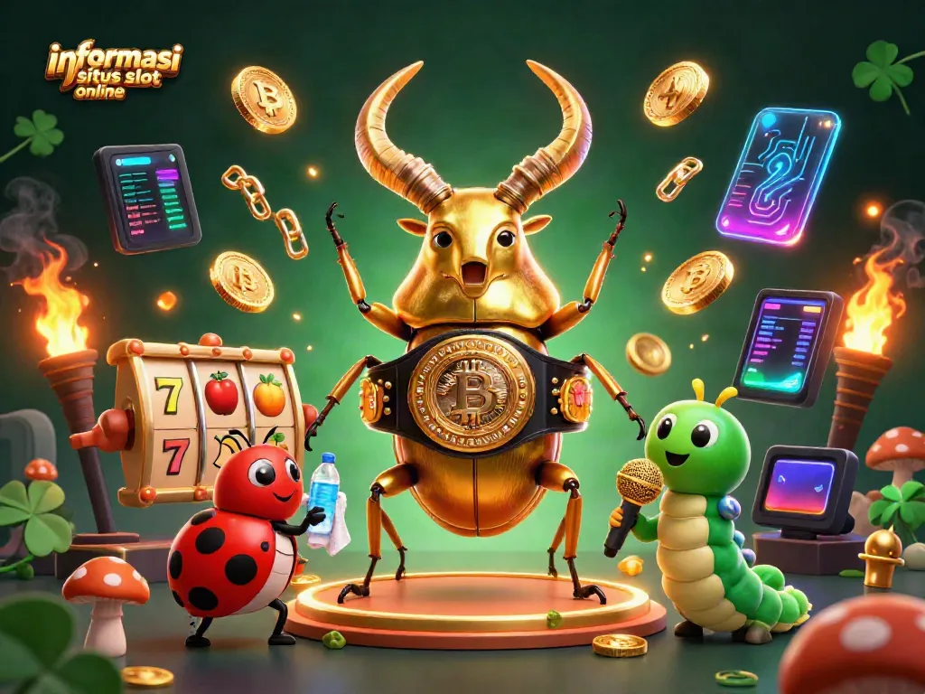 Ilustrasi slot online dan simbol keberuntungan dalam tampilan 3D yang dinamis.