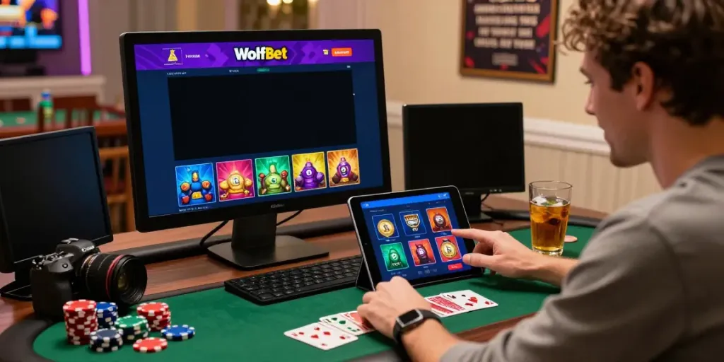 Engaging Wolfbet bonus scene showcasing online gaming excitement at https://wolfbet-bonus.com/ with vibrant colors, cryptocurrencies, and poker chips.