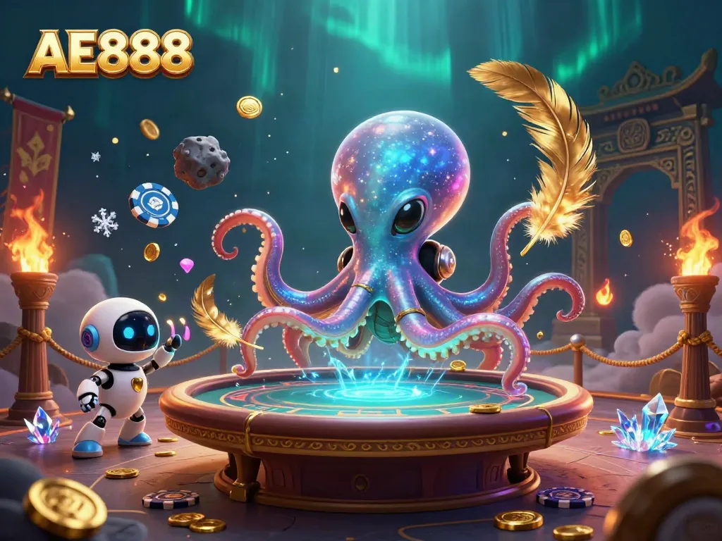 Engage with AE888's alien casino, featuring a vibrant scene of a holographic poker table.