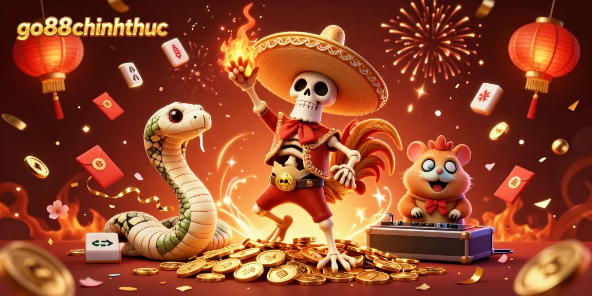 Experience the excitement of go88chinhthuc with a festive 3D casino illustration featuring vibrant characters and elements.