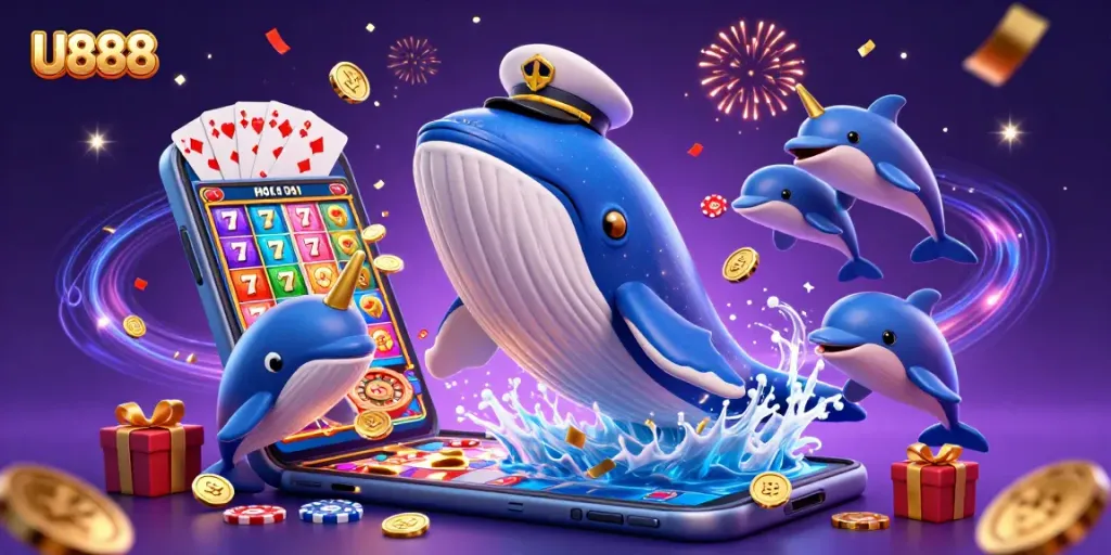 U888 showcases an exciting online casino experience with a cartoon whale and vibrant gaming elements.