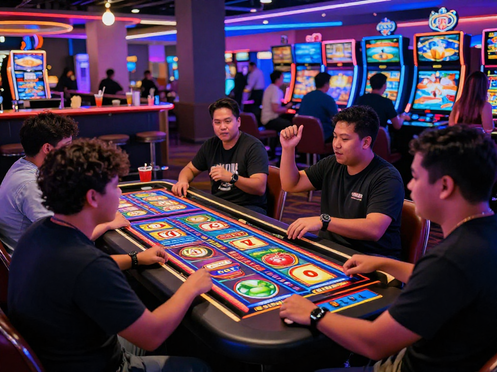 Exciting slot gacor gaming scene with diverse players at a lively casino table