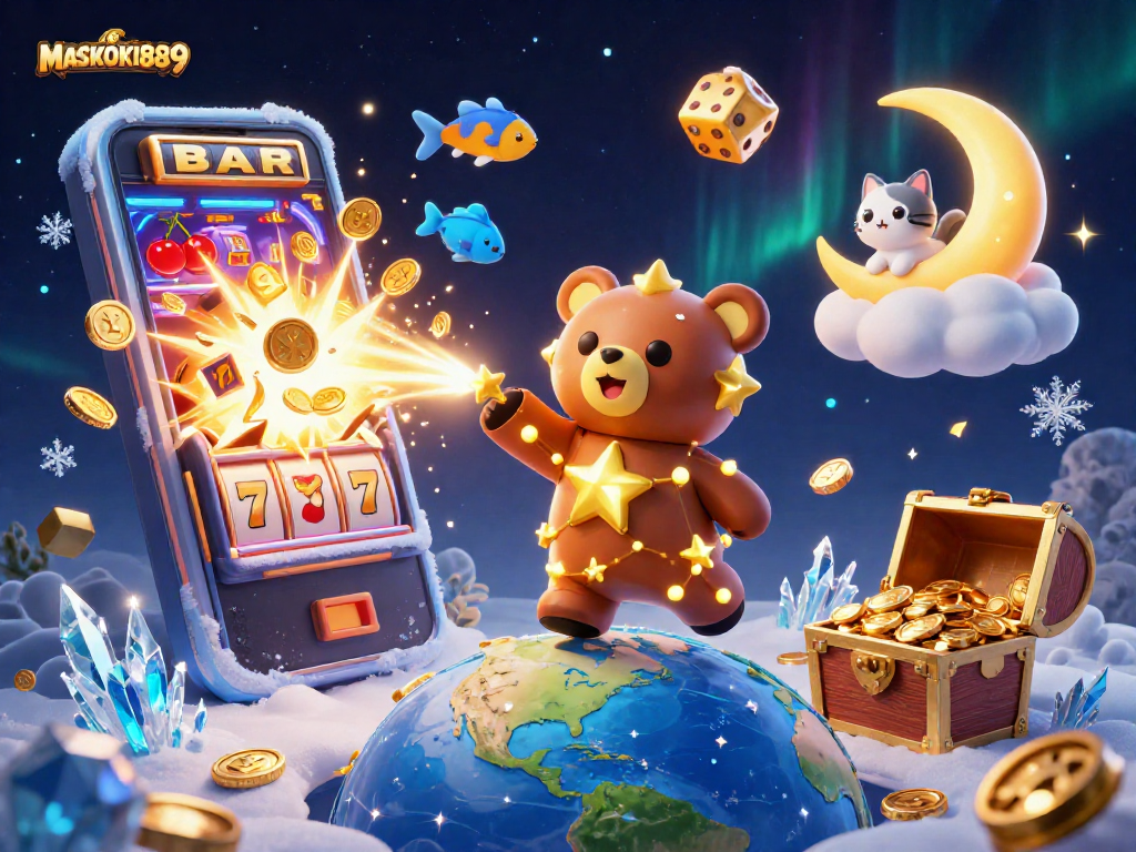 Experience the excitement of gambling with MASKOKI889 through a vibrant 3D illustrated scene featuring a jackpot explosion, rewards, and rich visual elements.