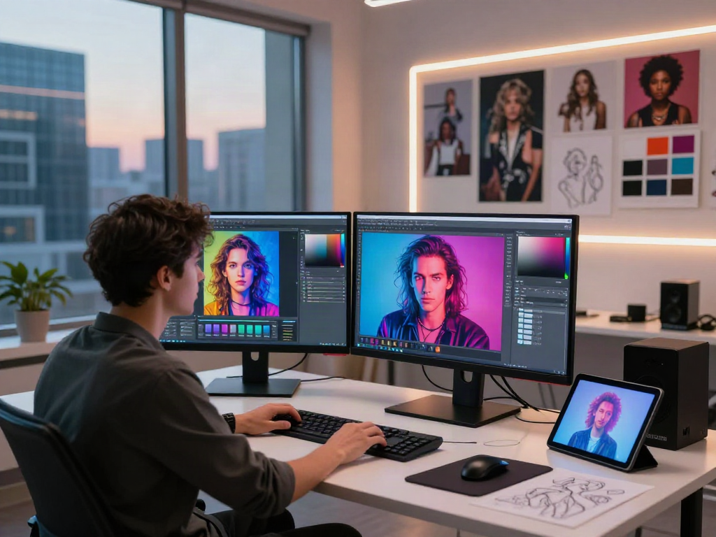 AI porn generator workspace featuring a professional analyzing vibrant images on dual monitors.