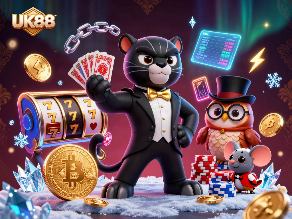 UK88 casino scene with a stylish panther dealer, poker owl, and lucky mouse amidst vibrant gambling elements.