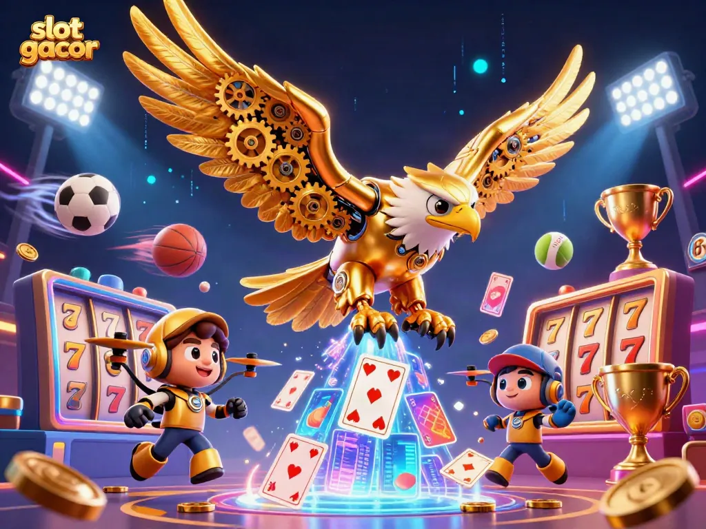 Experience thrilling slot gacor action with a cybernetic eagle amidst vibrant gaming elements.