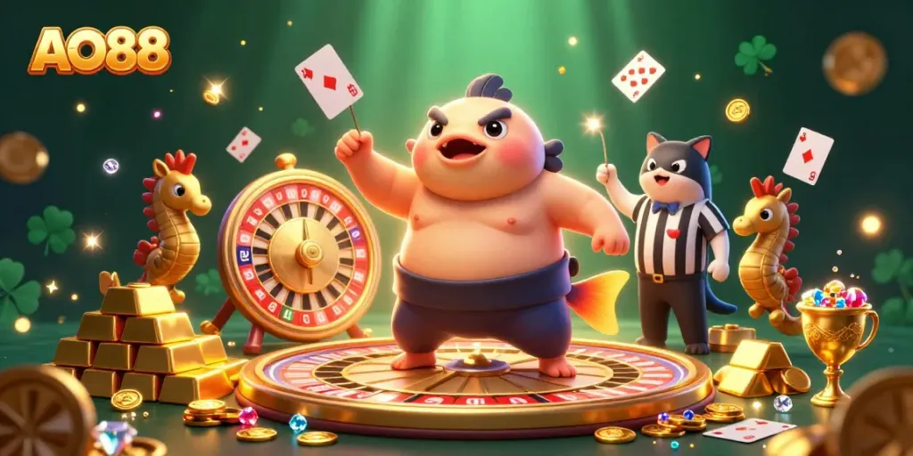 Spin the reels and win prizes with AO88's dynamic casino illustration featuring a lively fugu!