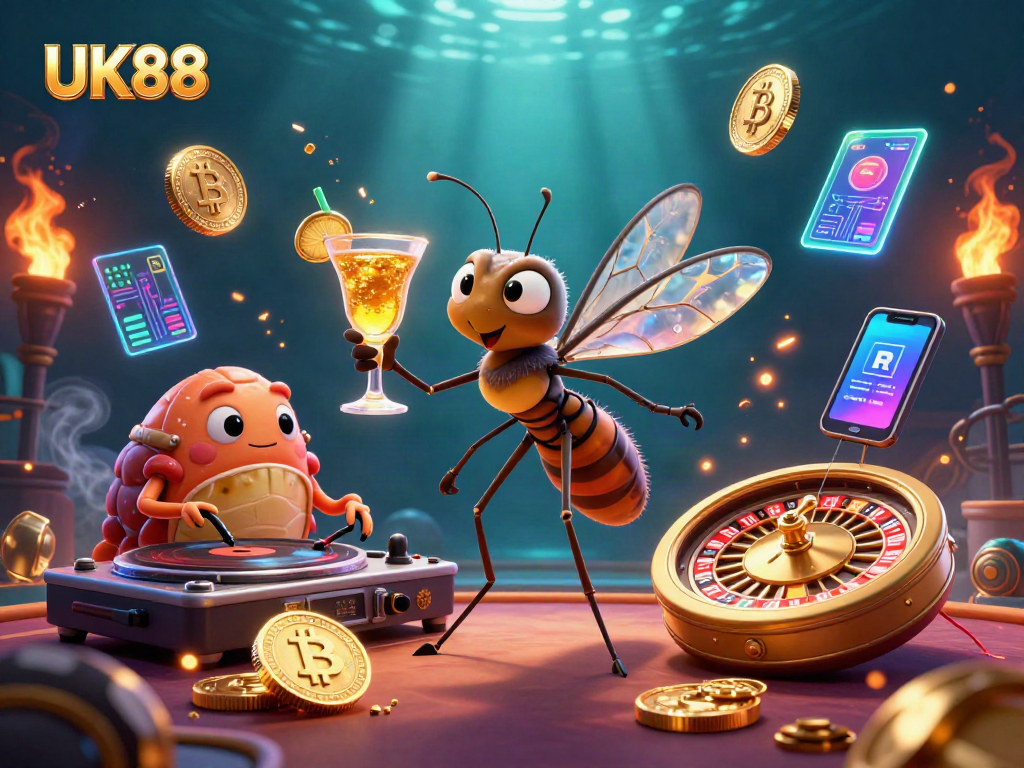 Experience UK88's thrilling gaming world with vibrant 3D characters and dynamic casino elements.