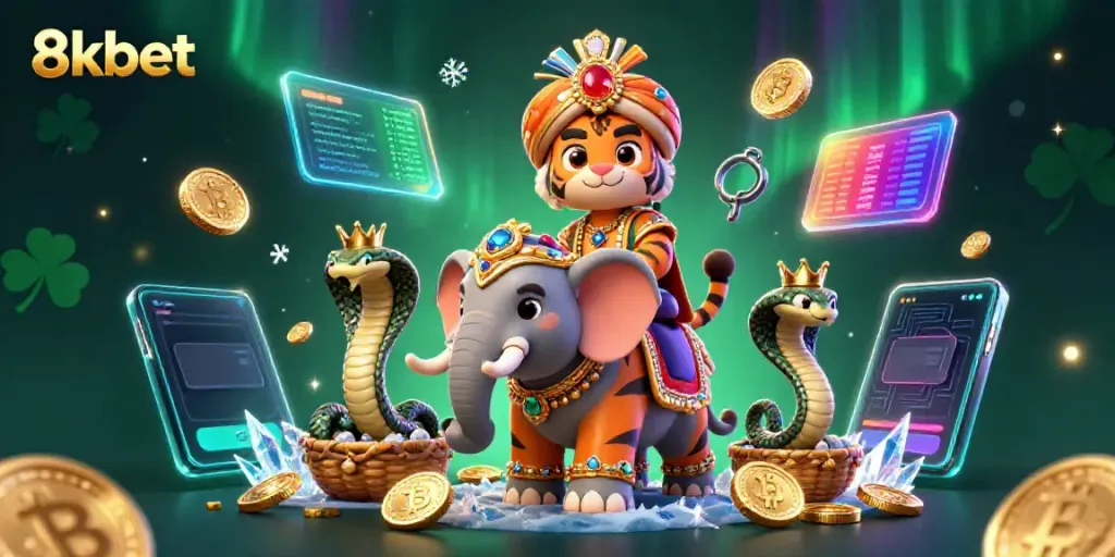 Engage with the exciting 8kbet experience illustrated by a dynamic scene with an ornate maharaja tiger and glowing crypto elements.