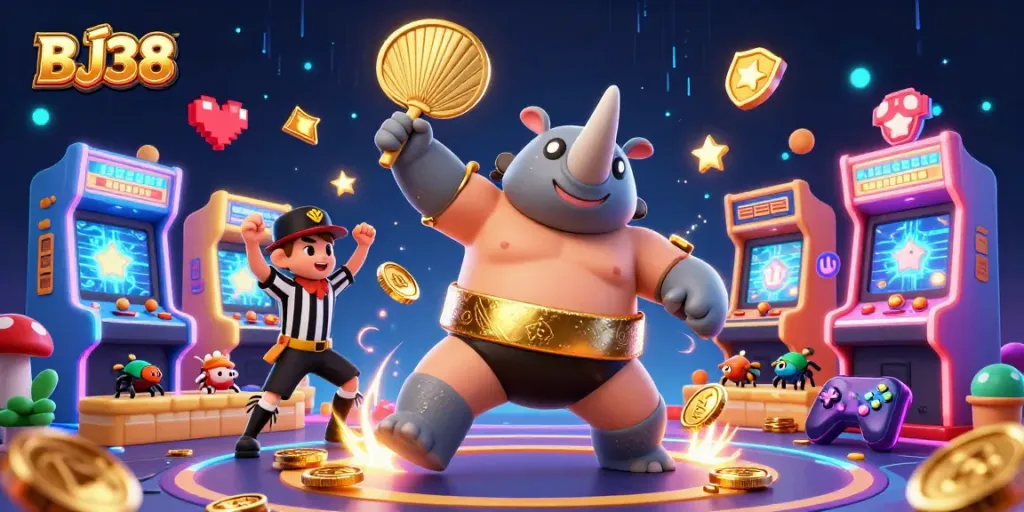 BJ38 illustrates an energetic casino scene with dynamic characters and vibrant gaming elements.