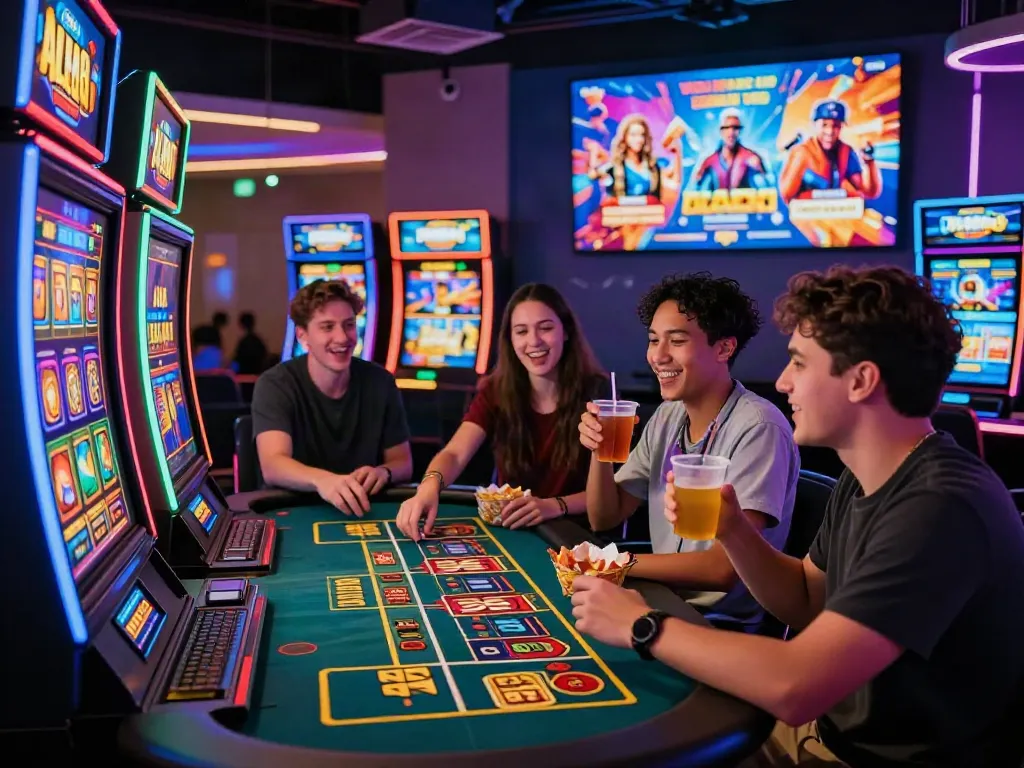 Exciting gaming experience at ALO8 with friends engaging at casino tables.